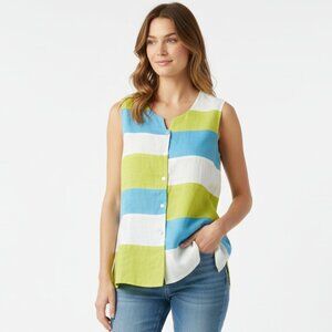 J. SONG Way Colorblock Stripe Linen Sleeveless Button-Down Vest Top Size M